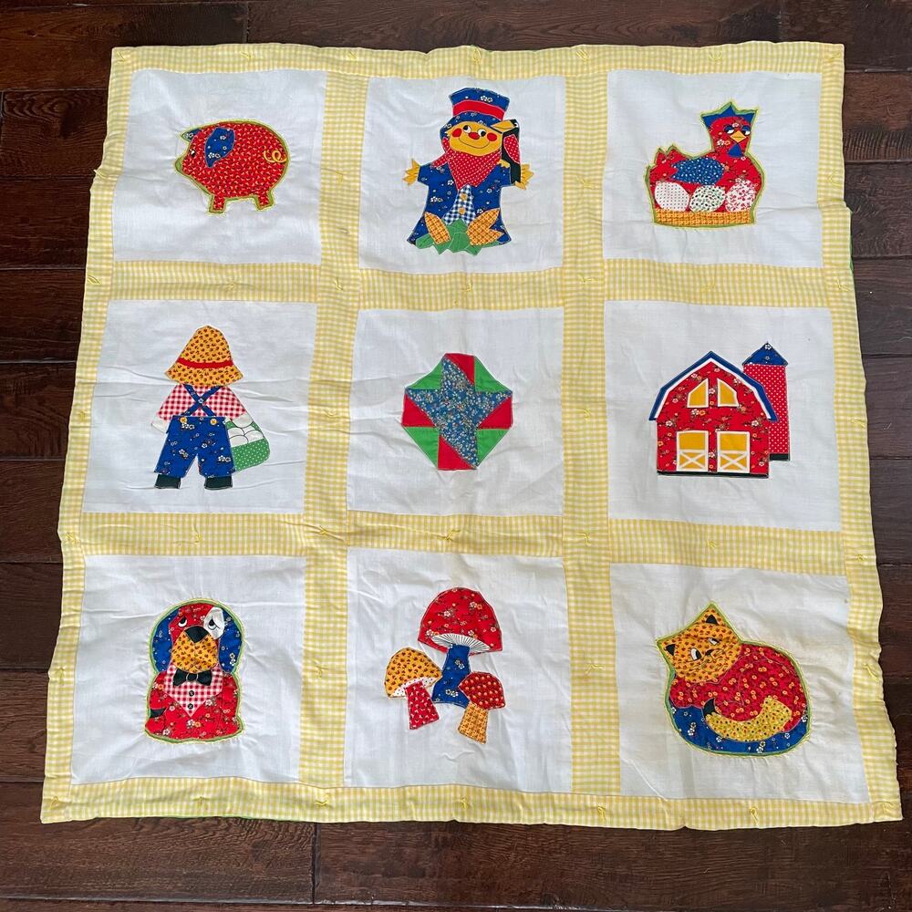 Handmade Baby Quilt Farm Pictures Blanket Color Block Yellow Border Reversible